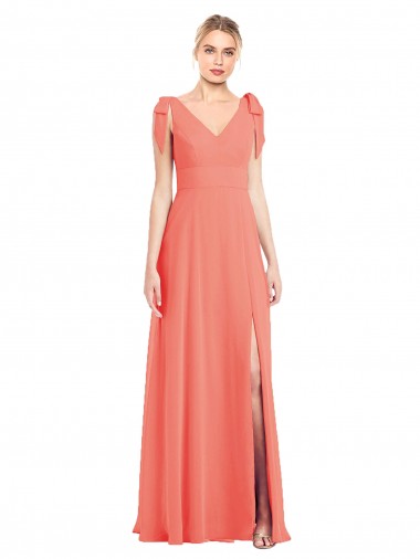 Soft Chiffon V-Neck V-Back Trumpet Coral Bridesmaid Dress Derby