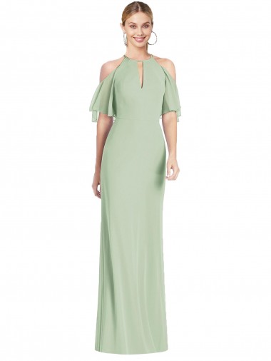 Soft Chiffon Halter Neck Mermaid Sage Semi Formal Evening Dress / Bridesmaid Dress Derby