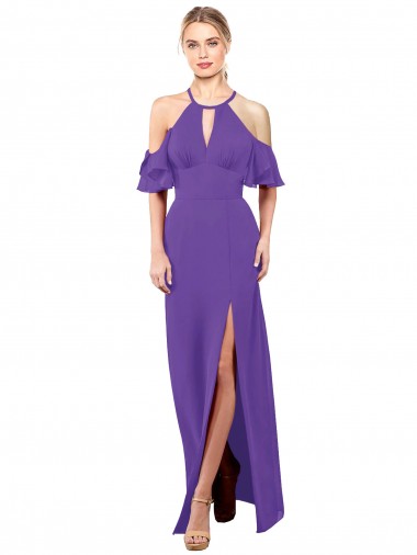 Soft Chiffon Halter Neck Open Back A-Line Purple Bridesmaid Dress Derby
