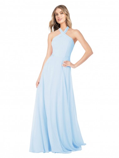 Chiffon High Neck A-Line Light Sky Blue Bridesmaid Dress / Evening Gowns Derby