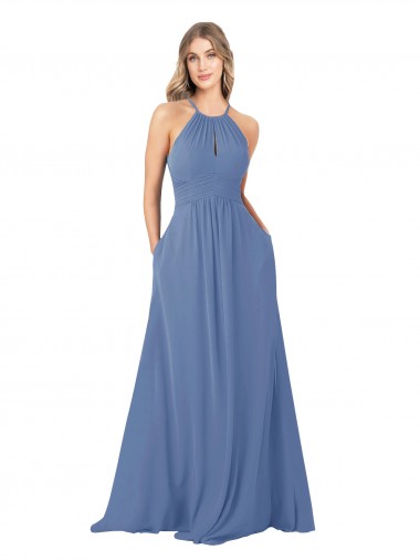 Soft Chiffon High Neck Keyhole Back A-Line Windsor Blue Bridesmaid Dress Derby