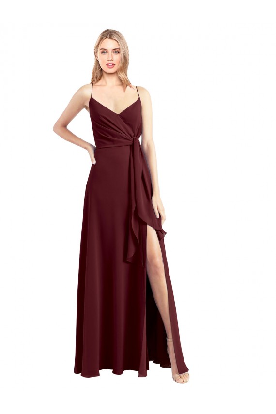 Chiffon V-Neck Low Back A-Line Burgundy Gold Bridesmaid Dress Derby