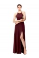 Soft Chiffon High Neck Open Back A-Line Burgundy Gold Bridesmaid Dress Derby
