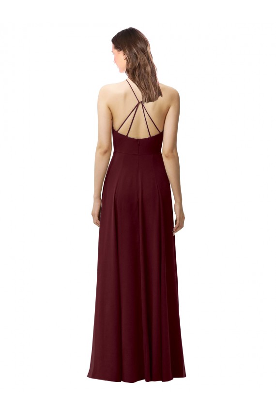 Soft Chiffon High Neck Open Back A-Line Burgundy Gold Bridesmaid Dress Derby