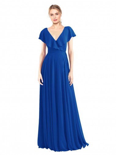 Soft Chiffon V-Neck V-Back A-Line Royal Blue Bridesmaid Dress Derby