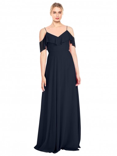 Lxue Chiffon V-Neck V-Back A-Line Dark Navy Bridesmaid Dress Derby