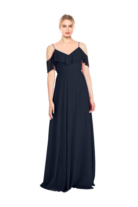 Lxue Chiffon V-Neck V-Back A-Line Dark Navy Bridesmaid Dress Derby