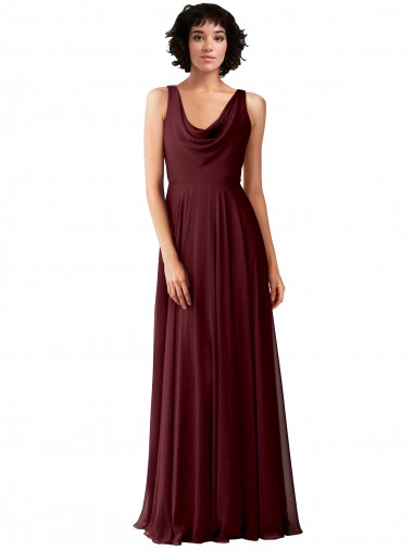 Soft Chiffon Cowl Neck V-Back A-Line Burgundy Gold Bridesmaid Dress Derby