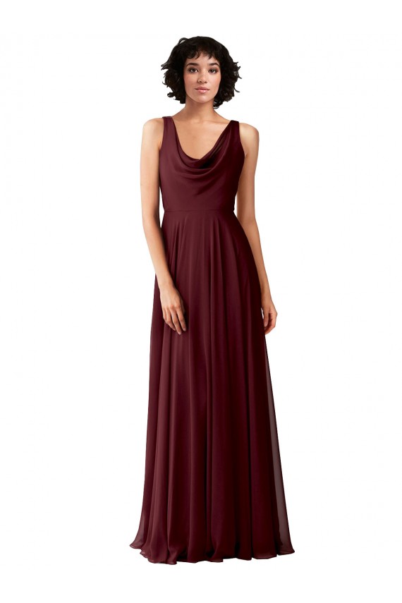 Soft Chiffon Cowl Neck V-Back A-Line Burgundy Gold Bridesmaid Dress Derby