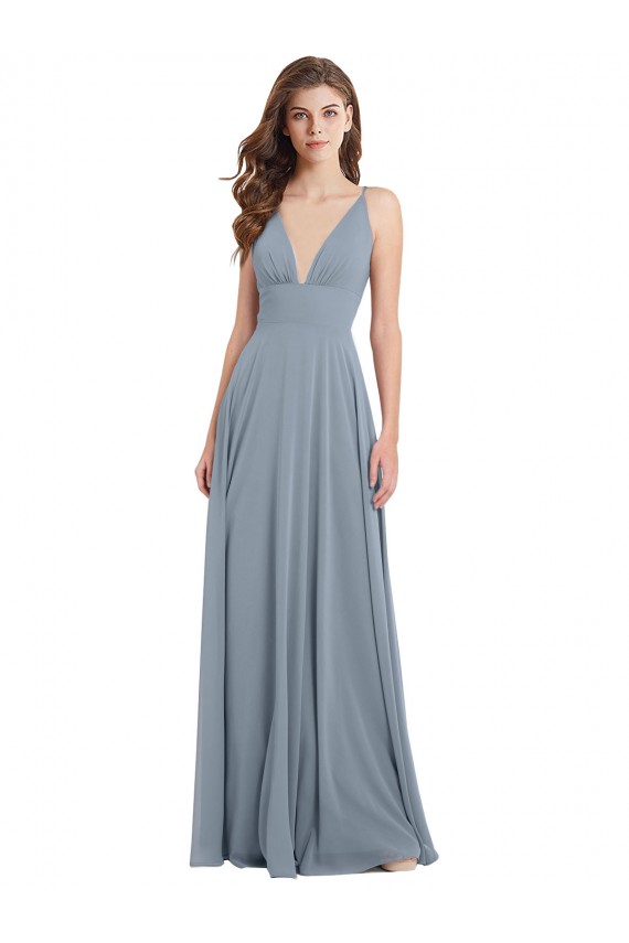 Chiffon V-Neck V-Back A-Line Dusty Blue Bridesmaid Dress / Evening Gowns Derby