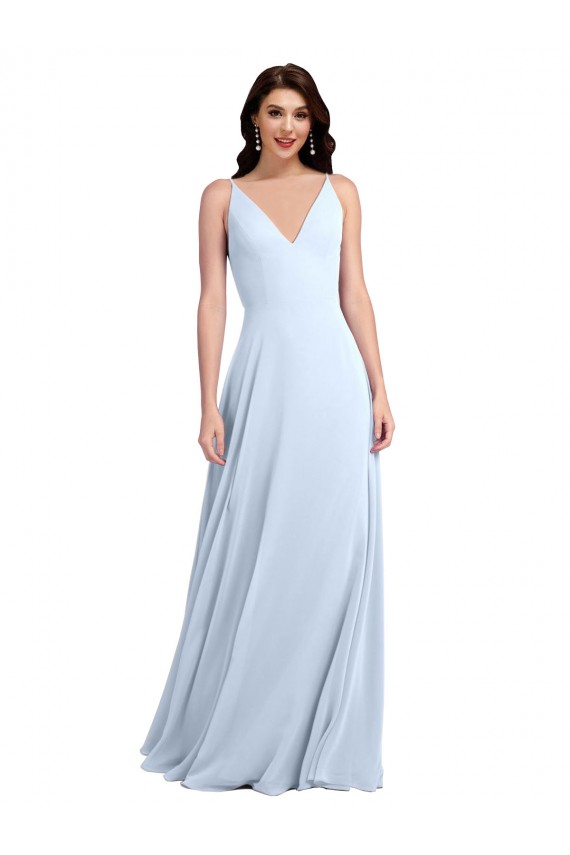 Soft Chiffon V-Neck V-Back A-Line Light Sky Blue Evening Dress / Bridesmaid Dress Derby