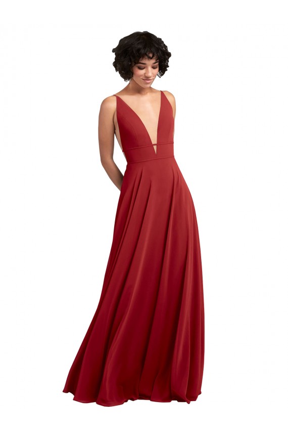 Lxue Chiffon V-Neck V-Back A-Line Red Bridesmaid Dress Derby