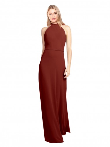 Soft Chiffon High Neck Open Back A-Line Burgundy Prom Dress / Bridesmaid Dress Derby