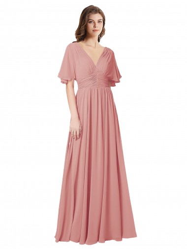 Soft Chiffon V-Neck V-Back A-Line Bliss Pink Bridesmaid Dress Derby