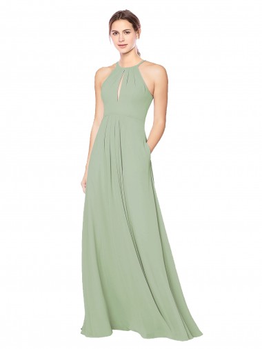 Soft Chiffon Halter Neck Keyhole Back A-Line Smoke Green Bridesmaid Dress Derby