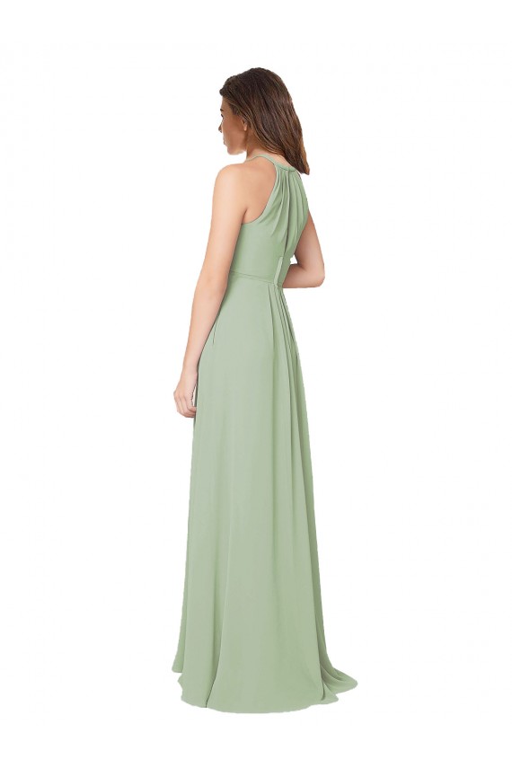 Soft Chiffon Halter Neck Keyhole Back A-Line Smoke Green Bridesmaid Dress Derby