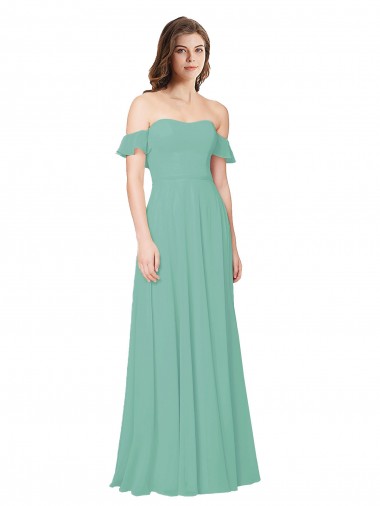 Soft Chiffon Off the Shoulder Open Back A-Line Jade Bridesmaid Dress Derby