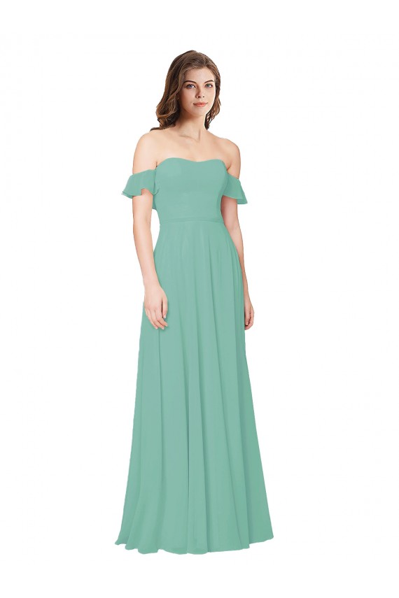 Soft Chiffon Off the Shoulder Open Back A-Line Jade Bridesmaid Dress Derby