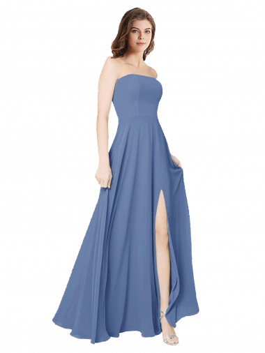 Soft Chiffon Strapless Open Back A-Line Windsor Blue Formal Dress / Bridesmaid Dress Derby