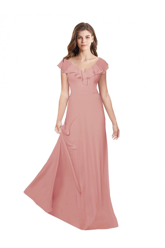 Chiffon V-Neck Open Back A-Line Bliss Pink Bridesmaid Dress / Evening Dress Derby