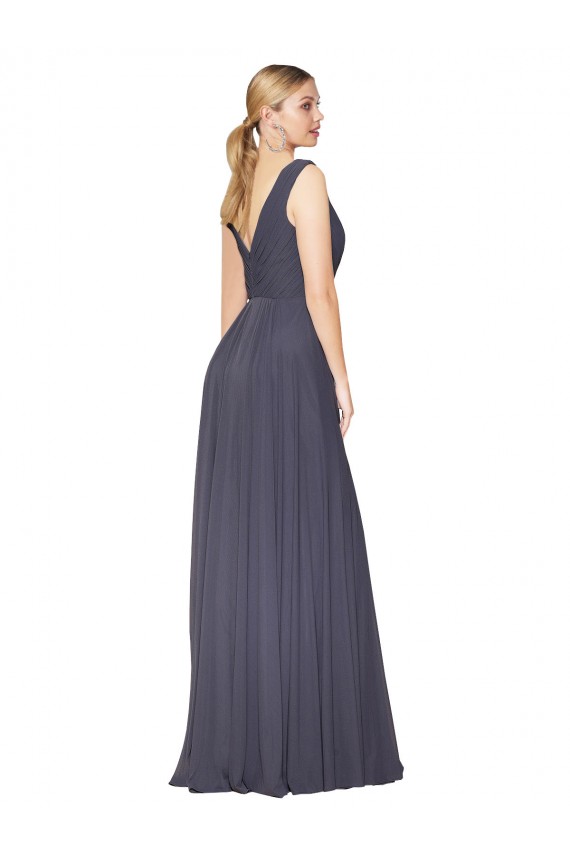 Soft Chiffon High Neck V-Back A-Line Dusty Blue Formal Evening Gown / Prom Dress / Bridesmaid Dress Derby