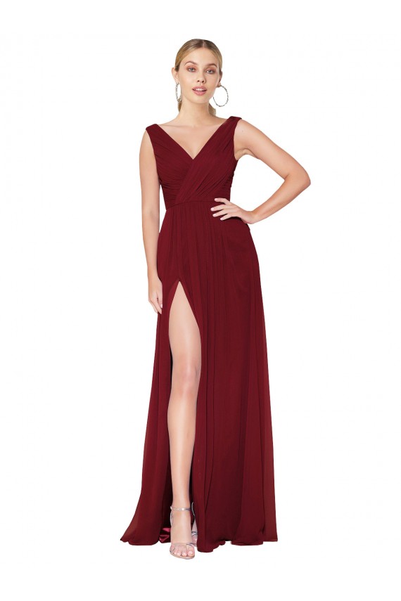 Soft Chiffon High Neck V-Back A-Line Burgundy Black Tie Evening Gown / Prom Dress / Bridesmaid Dress Derby