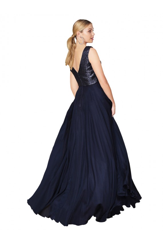 Soft Chiffon & Sequin High Neck V-Back A-Line Dark Navy Semi Formal Evening Gown / Prom Dress / Bridesmaid Dress Derby