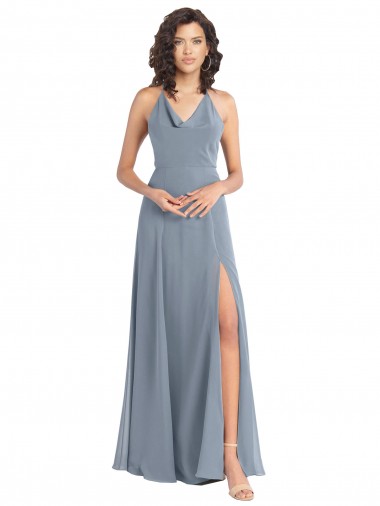 Soft Chiffon Cowl Neck V-Back A-Line Dusty Blue Bridesmaid Dress Derby