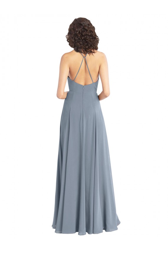 Soft Chiffon Cowl Neck V-Back A-Line Dusty Blue Bridesmaid Dress Derby