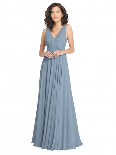 Soft Chiffon V-Neck V-Back A-Line Dusty Blue Bridesmaid Dress Derby