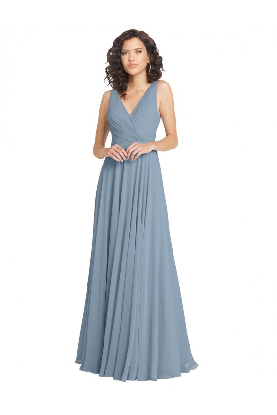 Soft Chiffon V-Neck V-Back A-Line Dusty Blue Bridesmaid Dress Derby