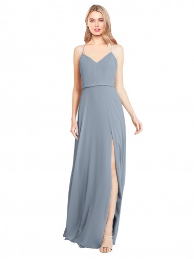 Soft Chiffon V-Neck Open Back A-Line Dusty Blue Bridesmaid Gowns Derby