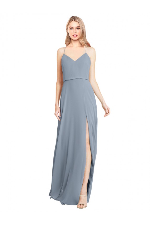 Soft Chiffon V-Neck Open Back A-Line Dusty Blue Bridesmaid Gowns Derby