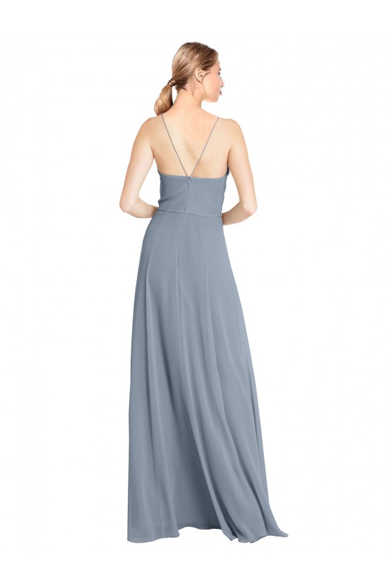 Soft Chiffon V-Neck Open Back A-Line Dusty Blue Bridesmaid Gowns Derby