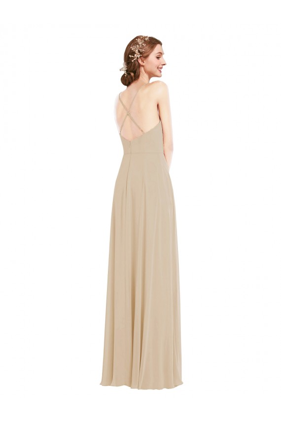 Soft Chiffon V-Neck Open Back A-Line Champagne Semi Formal Evening Dress / Bridesmaid Dress Derby
