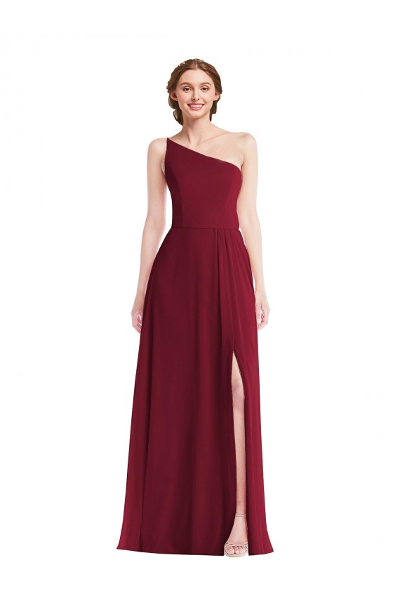 Soft Chiffon One Shoulder A-Line Burgundy Semi Formal Evening Dress / Bridesmaid Dress Derby