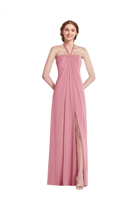 Soft Chiffon Halter Neck Open Back A-Line Skin Pink Semi Formal Evening Dress / Bridesmaid Dress Derby