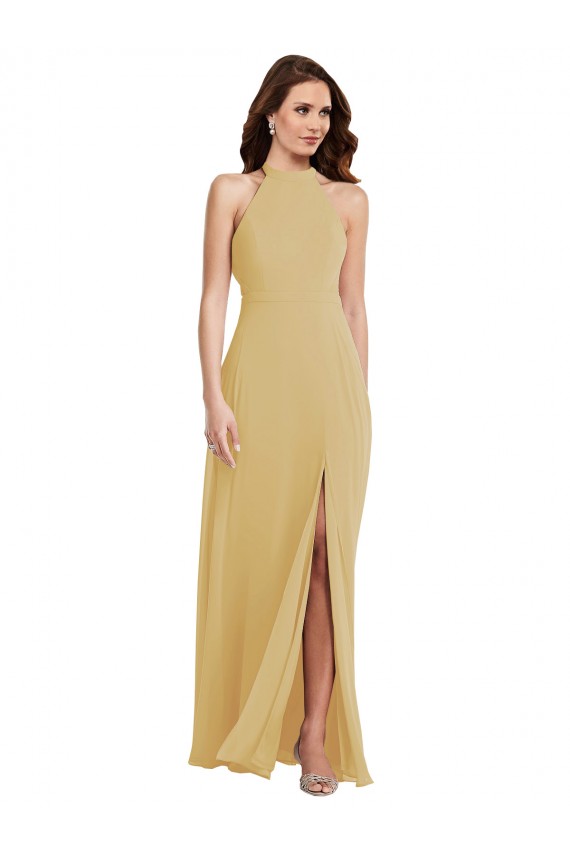 Soft Chiffon Halter Neck Open Back A-Line Gold Semi Formal Evening Dress / Bridesmaid Dress Derby