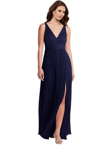 Soft Chiffon V-Neck V-Back A-Line Dark Navy Black Tie Evening Gown / Bridesmaid Dress Derby