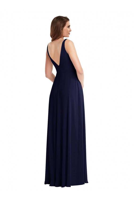 Soft Chiffon V-Neck V-Back A-Line Dark Navy Black Tie Evening Gown / Bridesmaid Dress Derby
