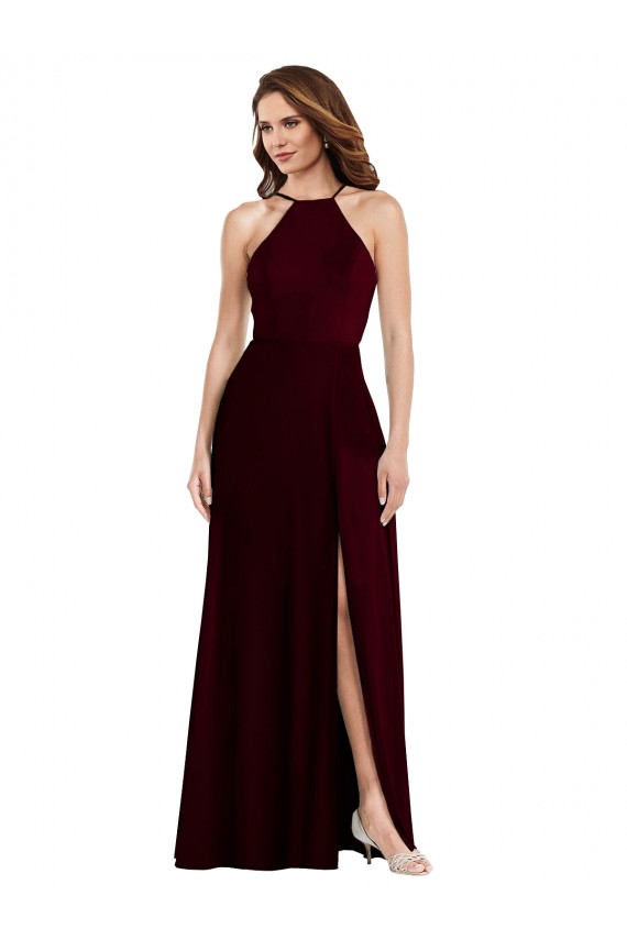 Soft Chiffon Halter Neck Low Back A-Line Burgundy Gold Semi Formal Evening Dress / Bridesmaid Dress Derby