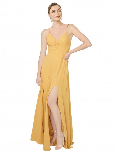 Chiffon V-Neck Open Back A-Line Saffron Bridesmaid Dress / Evening Dress Derby