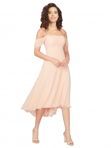 Soft Chiffon Square Neck Low Back A-Line Ice Pink High Low Bridesmaid Dress Derby