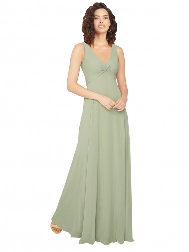 Chiffon V-Neck V-Back A-Line Sage Bridesmaid Dress / Evening Dress Derby
