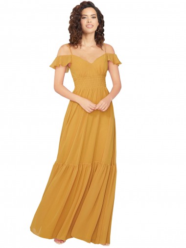 Soft Chiffon Sweetheart Keyhole Back A-Line Saffron Bridesmaid Dress Derby