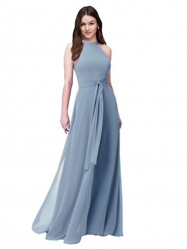 Chiffon High Neck A-Line Dusty Blue Bridesmaid Formal Dress Derby