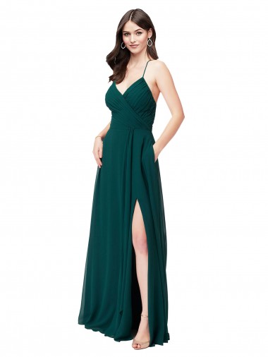 Chiffon V-Neck Open Back A-Line Hunter Green Wedding Party Dress Derby