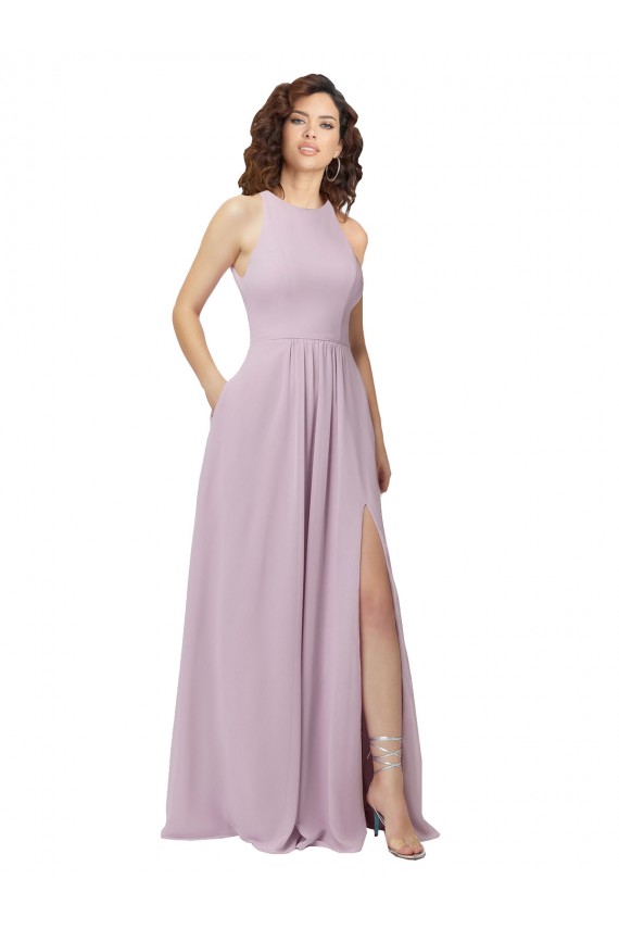 Soft Chiffon High Neck Keyhole Back A-Line Pink Glow Bridesmaid Dress Derby
