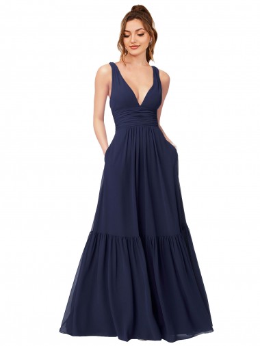 Chiffon V-Neck V-Back A-Line Dark Navy Evening Gowns / Bridesmaid Dress Derby