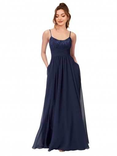 Soft Chiffon & Lace Scoop Neck Low Back A-Line Dark Navy Bridesmaid Dress Derby